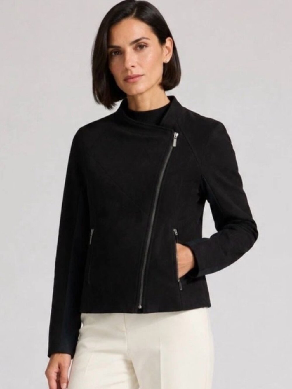 Bernardo Womens Moto Jacket Medium Black Faux Suede Zip Front Contrast Sleeve